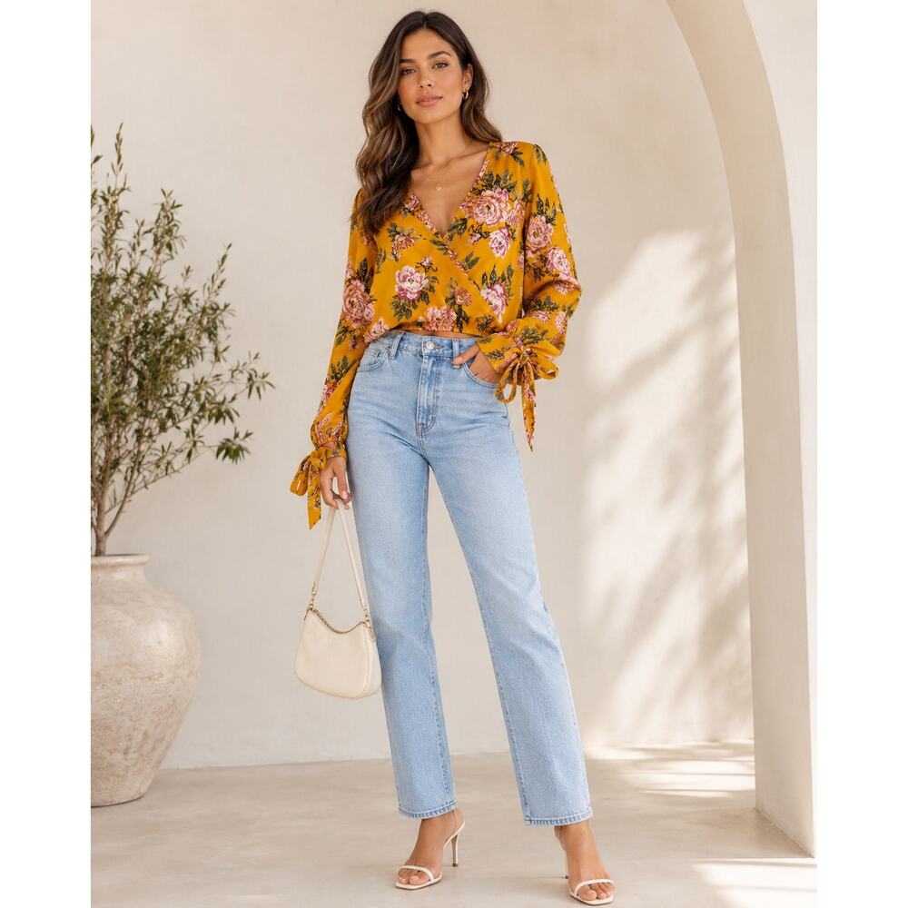 Charlotte Russe Extra Small Mustard Floral Wrap Top Y2K Boho Tie Cuff Blouse